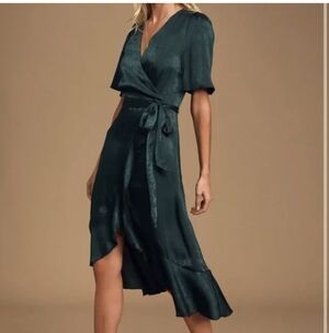 Lulu's, Satin Elegant Green Wrap Dress, Size M